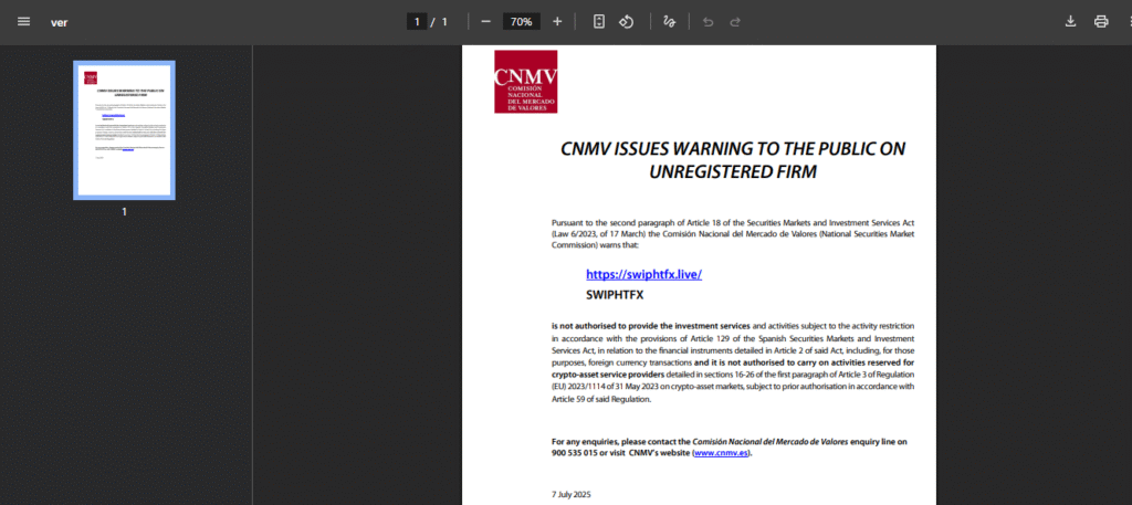 SwiphtFx-CNMV-Warning