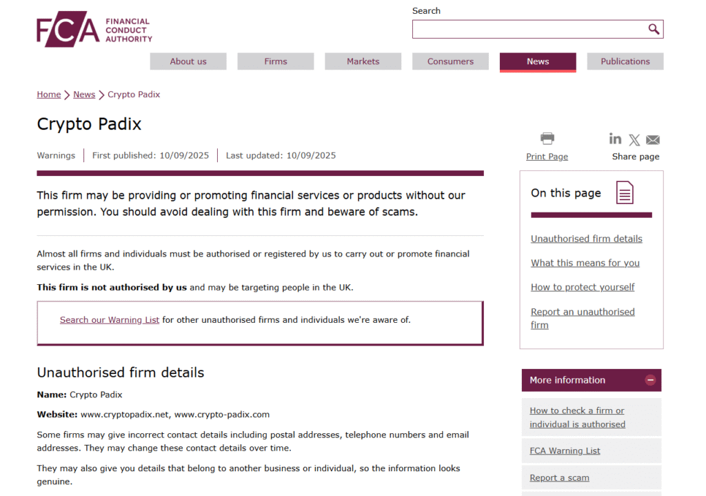 Crypto-Padix-FCA-Warning