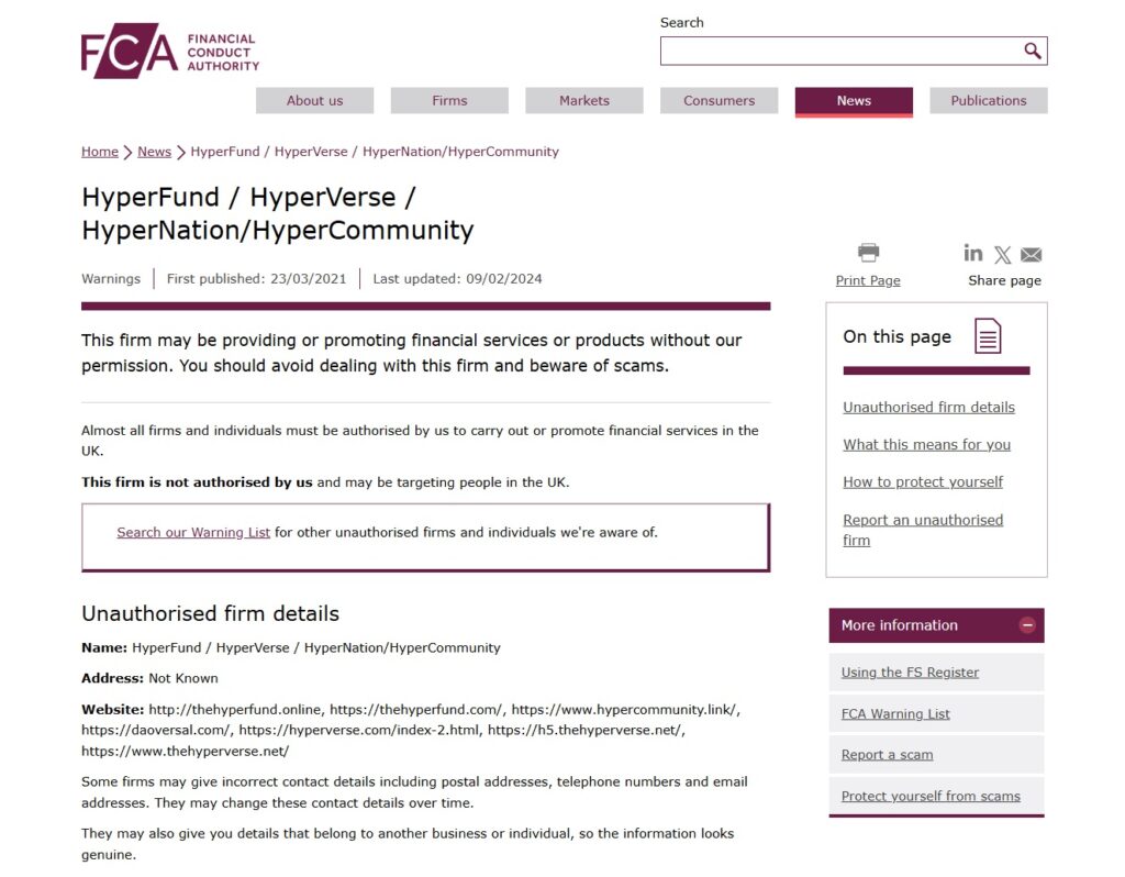 HyperFund-HyperVerse-HyperNation-HyperCommunity-FCA-Warning